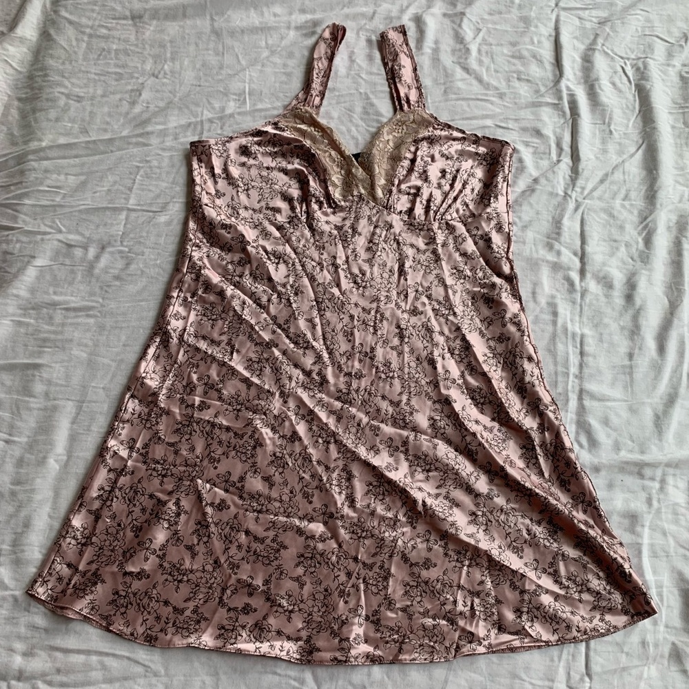 Secrets Blush Pink & Grey Lacy Satin Butterfly Floral Mini Slip Dress Size 16 UK